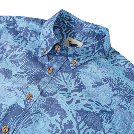 Close-up of coral reef pattern on blue Hawaiian shirt