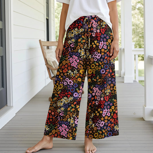 Women Casual Pants Lounge Elastic Waist Drawstring with Pockets 93% Lyocell, 7% Linen Black Aloha Midnight Blossoms