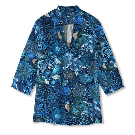 Blue Aloha Reef Rules women's blouse with sea turtle design