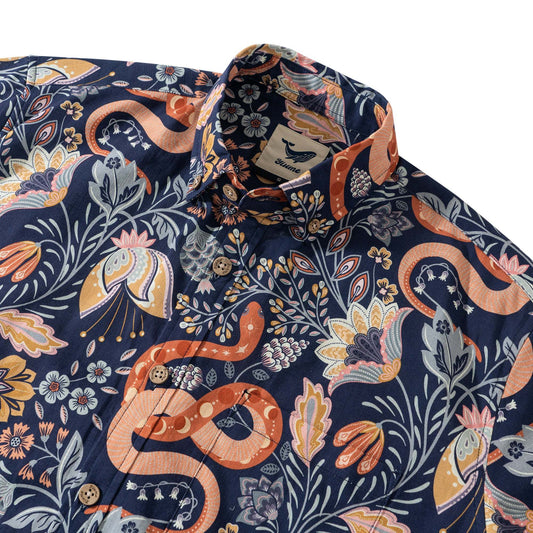 Men's long sleeve blue shirt with snake pattern and button-down style