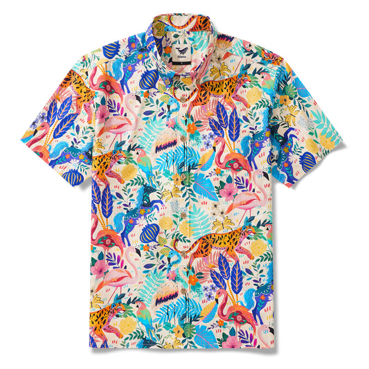 Men's Hawaiian shirt with flamingo and parrot design