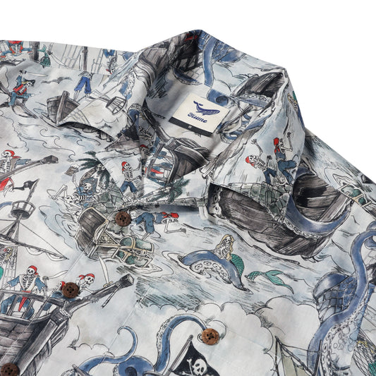 Blue Hawaiian shirt featuring mermaid skull motif, camp collar