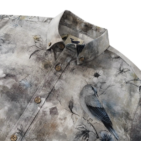 Gray Hawaiian shirt with floral and sparrow pattern