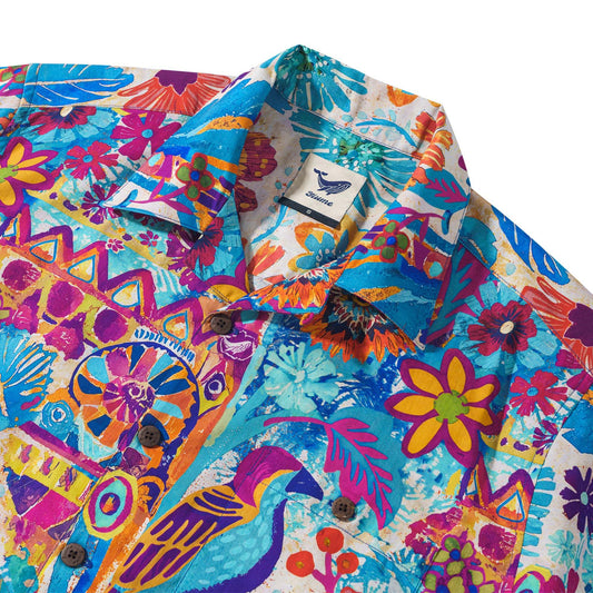 Men's blue aloha shirt with tropical birds and flowers