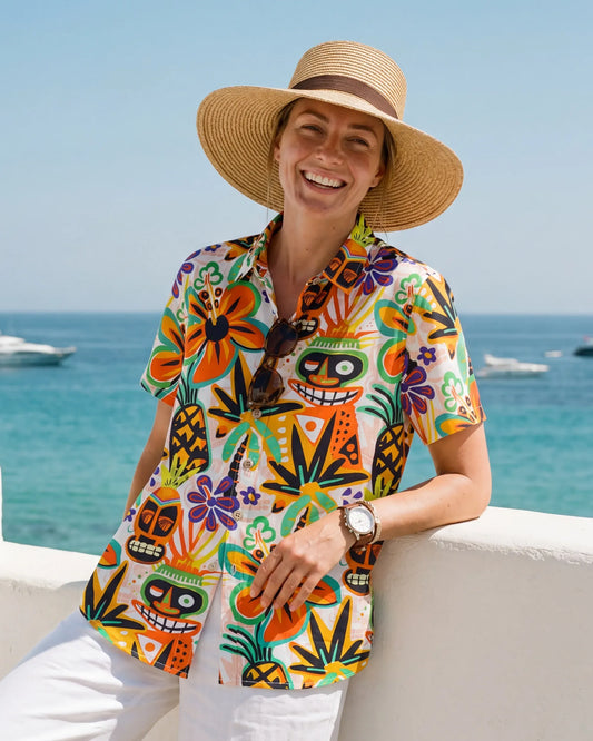 Women's Hawaiian Shirt with Tiki Totem, cotton, short sleeve