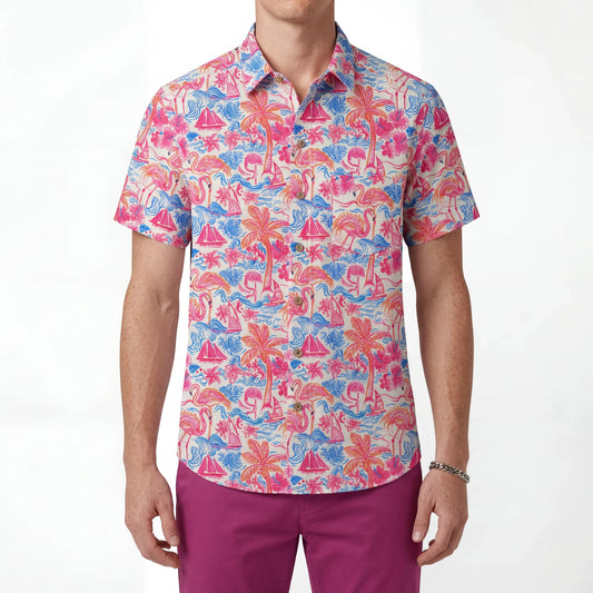 Flamingo print Hawaiian shirt with sailboats