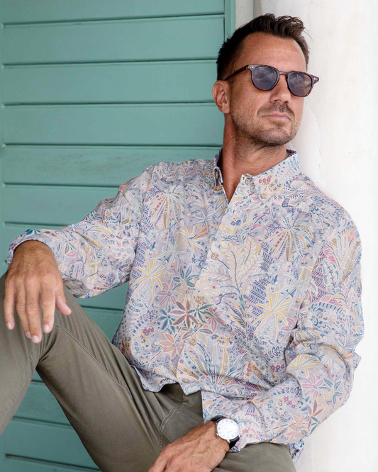 Men's Hawaiian Shirt with tropical palm tree print, cotton, button-down