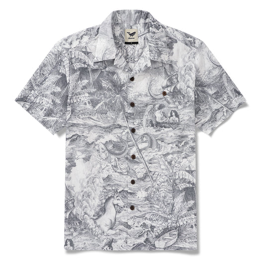 Men's Hawaiian Shirt Short Sleeve Camp Collar 100% Cotton Gray Aloha Ocean Spirit By Zeke