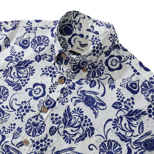Yiume Men's Retro Hawaiian Shirt Blue Batik Style Shirt 100% Cotton Short Sleeve Button-Down Wrinkle Free Shirt