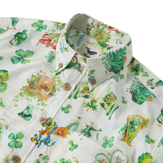 Men's green Hawaiian shirt with vintage St. Patrick's Day design
