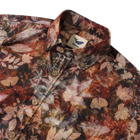 Back view of orange aloha leaves Hawaiian shirt for men