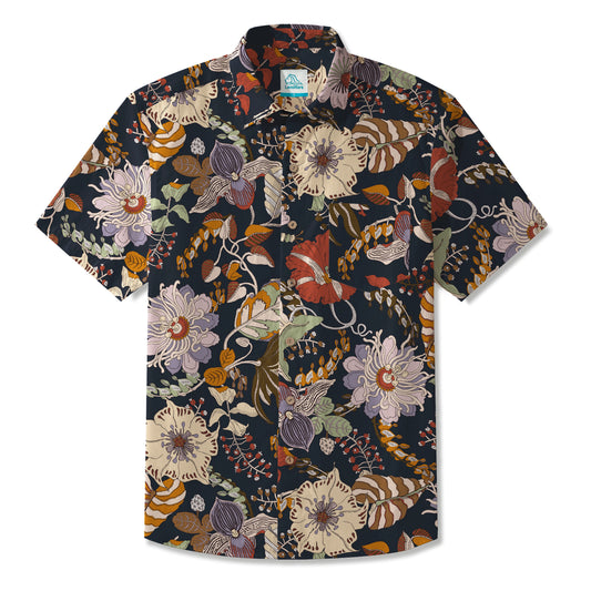 LeosWare® Men's Hawaiian Shirt Short Sleeve Button-up 100% Cotton Black Aloha Charcoal Gray By Patch