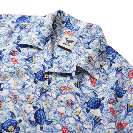 Men's Hawaiian Shirt Short Sleeve Camp Collar 100% Silk Blue Aloha A Sea Turtle's Odyssey By Sun