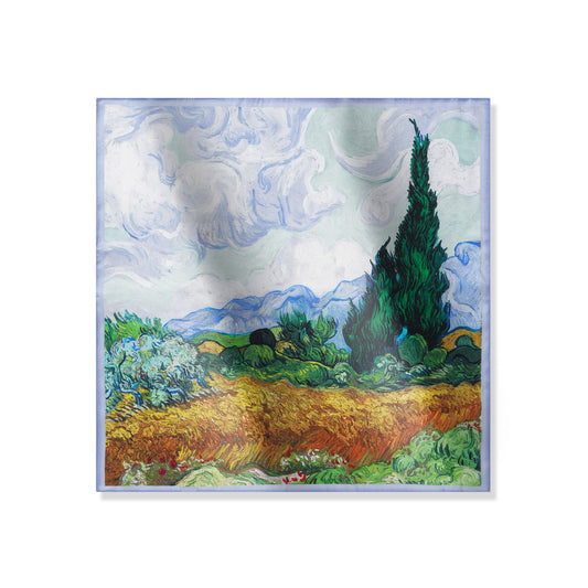 Floral Square Scarf 100% Mulberry Silk Wheat Fields in Azure Harmony Wheat Fields In Azure Harmony 100% Silk 53*53cm