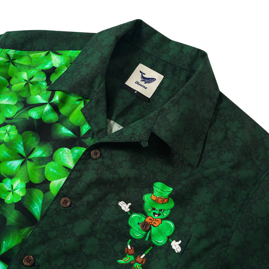 Close-up of green clover print on men's Hawaiian shirt