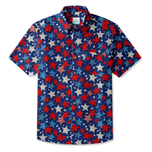 LeosWare Men's Hawaiian Shirt with red, white, and blue star print