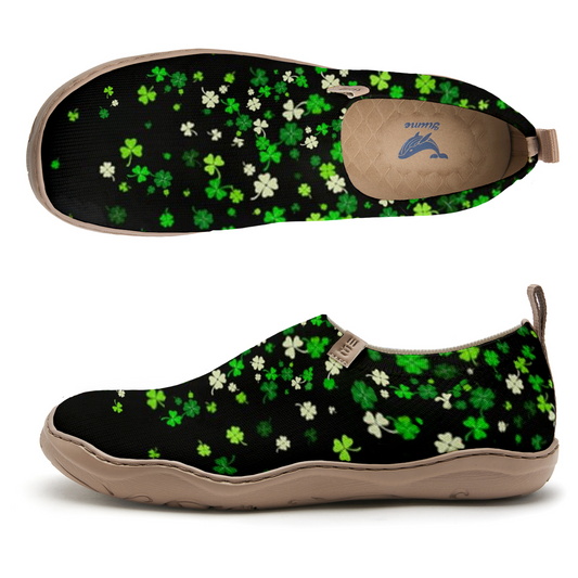Black painted women's canvas shoes with shamrock pattern