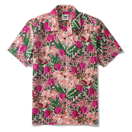 Men's Hawaiian Shirt Short Sleeve Camp Collar 100% Cotton Red Aloha Wild and Unique Flowers By Jasmine Blooms Designs