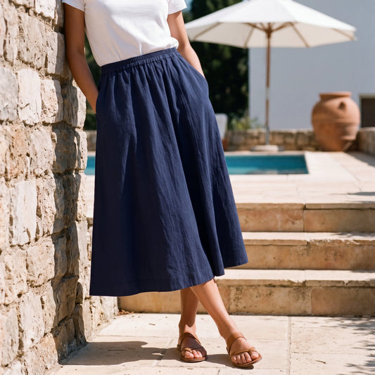 Navy blue women's casual skirt with elastic waist and pockets