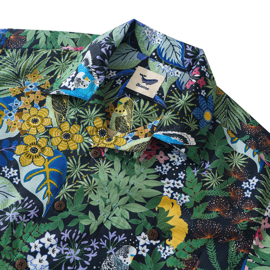 Close-up of parrot design on men's art shirt, green