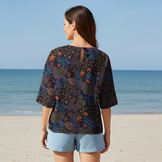 Women Casual Blouse Elbow Sleeve Crew Neck Button-Back 95% Lyocell, 5% Linen Green Aloha Whispers In The Dark