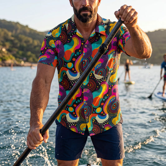 LeosWare Hawaiian shirt with neon abstract curves, black background