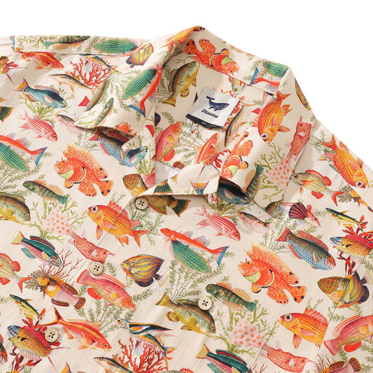 100% Silk Men's Hawaiian Shirt Sea Ocean Fish Print Camp collar Short Sleeve Aloha Shirt - Silk Sea Ocean Fish (silk)
