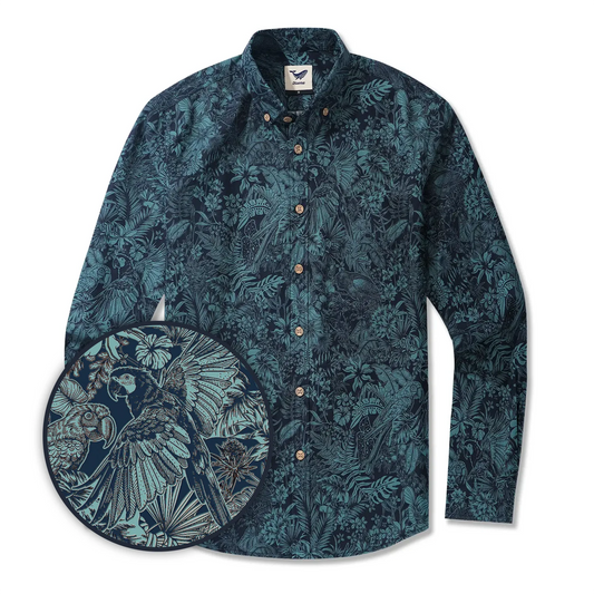 Men's Hawaiian Shirt Long Sleeve Button-down 100% Cotton Green Aloha Tropical Jungle Charm
