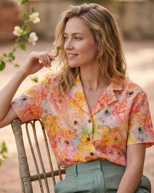 Women's Hawaiian Shirt with ranunculus flowers, yellow