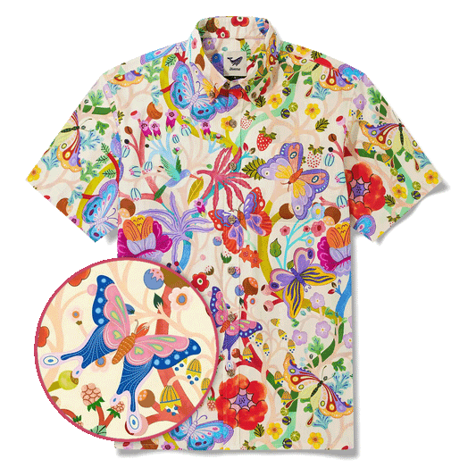 Men's Hawaiian shirt with butterfly and flower print, short sleeve
