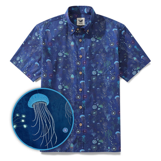 Men's Deep Blue Hawaiian Shirt 100% Cotton Button-down Short Sleeve Jellyfish Aloha Shirt