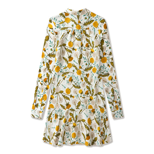 Women Dress Hawaiian Dandelions and Dragonflies Ruffled Hem Long-Sleeve Shirt Dress