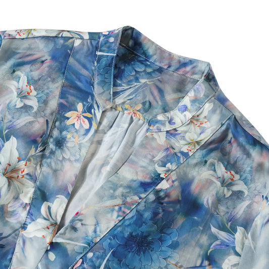 Side view of Aloha Floral Women's Blouse in blue
