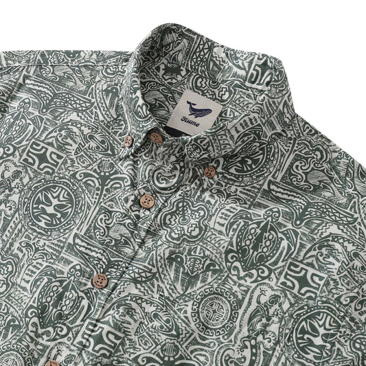 Close-up of Guardian Totem design on men's Hawaiian shirt
