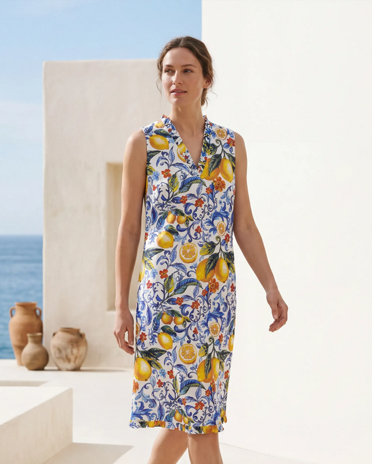 Women's Hawaiian Dress with Sicilian Lemon and Blue Pattern