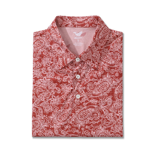 Men's Hawaiian Traces of Time Print Short Sleeve Polo Shirt - RED Traces Of Time - Red