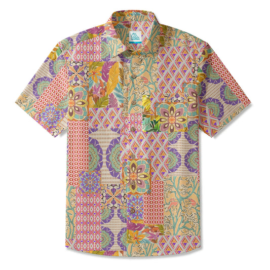 Bohemian patchwork men's Hawaiian shirt, yellow, short sleeve