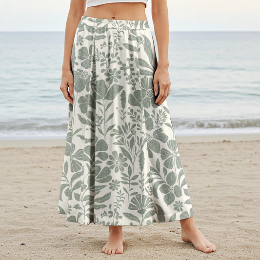 Women Casual Maxi Skirt Long Elastic Waist with Pockets 100% Cotton Green Aloha Floral Symphony