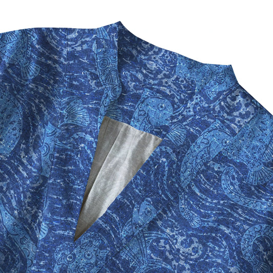 Side view of indigo fish art blouse, women's fashion