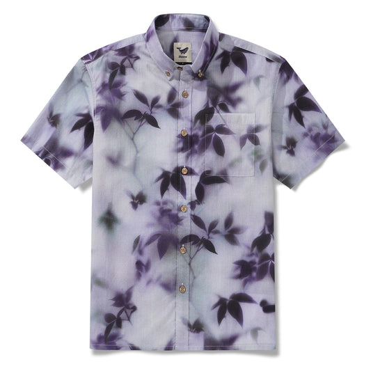 Men's Cotton Hawaiian Shirt Short Sleeve Button-down Purple Aloha Shirt Mist-Kissed Leaves