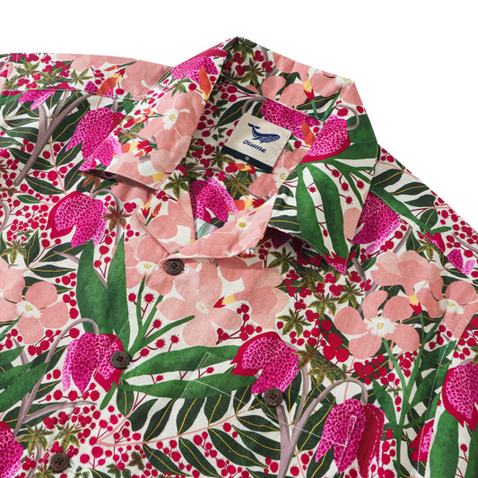 Men's Hawaiian Shirt Short Sleeve Camp Collar 100% Cotton Red Aloha Wild and Unique Flowers By Jasmine Blooms Designs