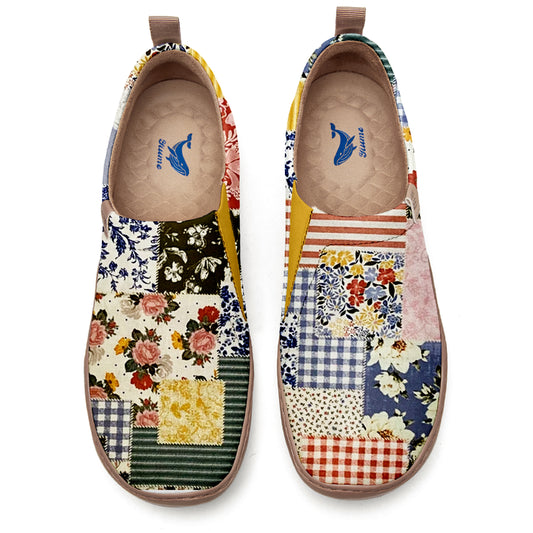Yellow vintage-inspired women's shoes with rose pattern outsole