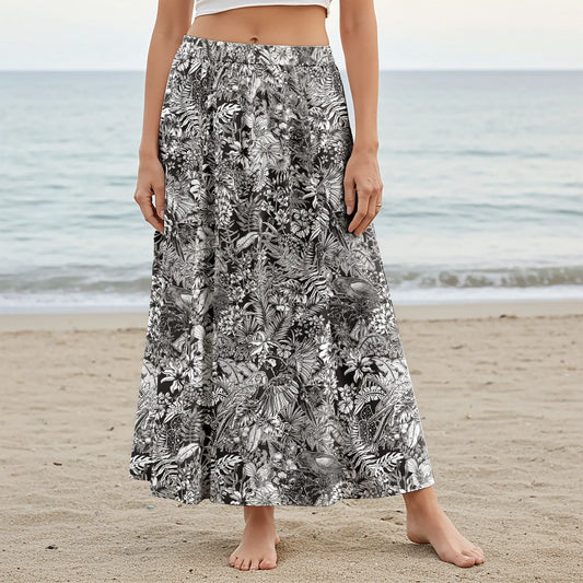 Women's Aloha Monochrome Maxi Skirt, tropical jungle print, elastic waist