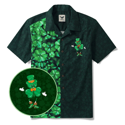 Men's green Hawaiian shirt with lucky clover print for St. Patrick's Day