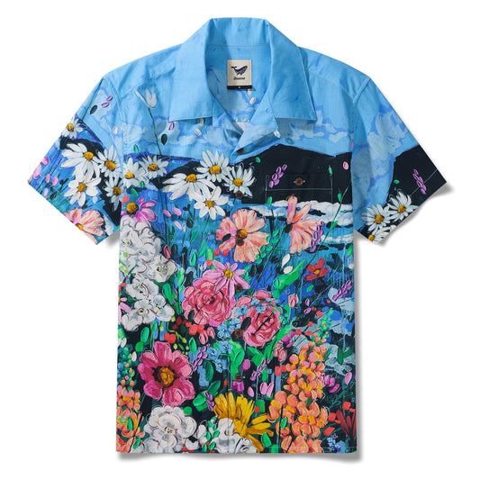 Ocean By Katie Leigh Stewart 100% Cotton Men's Short Sleeve Camp Collar Shirt Blue Aloha Hawaiian