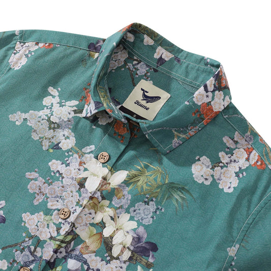 Elegant plum fragrance print on women's Hawaiian shirt