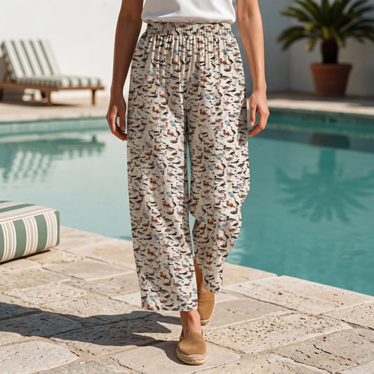 Women's beige ankle pants with avian print, lyocell linen
