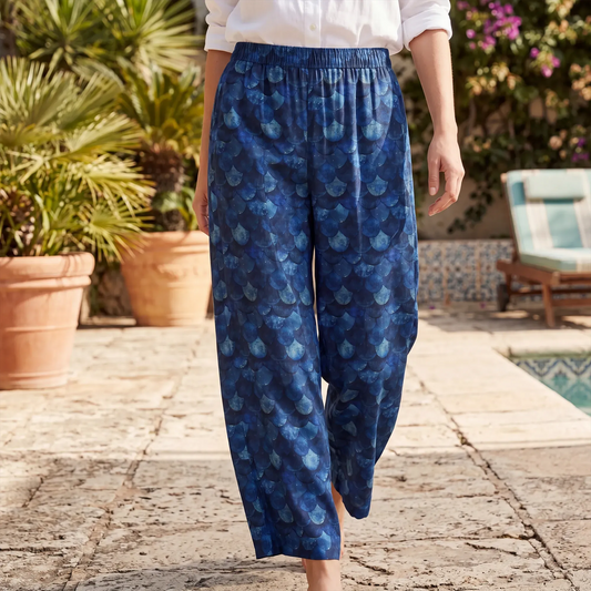 Women's blue ankle pants with dragon scale print, lyocell linen blend