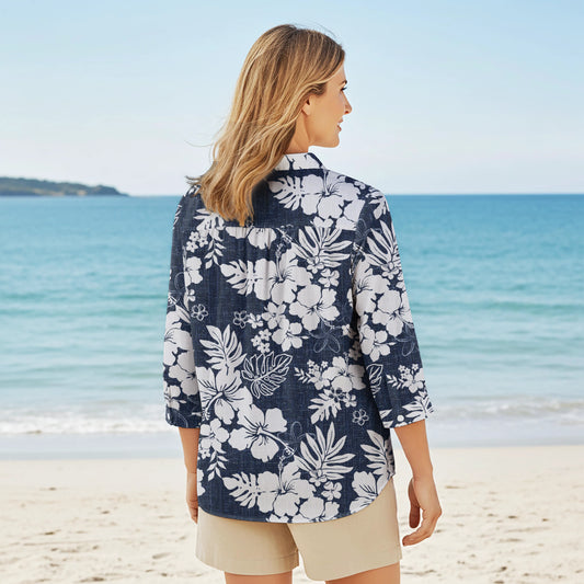 Women Casual Blouse 3/4 Sleeve V-neck Shirt Collar 100% Lyocell Blue Aloha Summer Whispers - Hawaiian-inspired Artistic Shirt