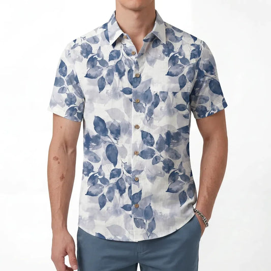 Purple Aloha ink leaves men's button-up shirt, cotton
